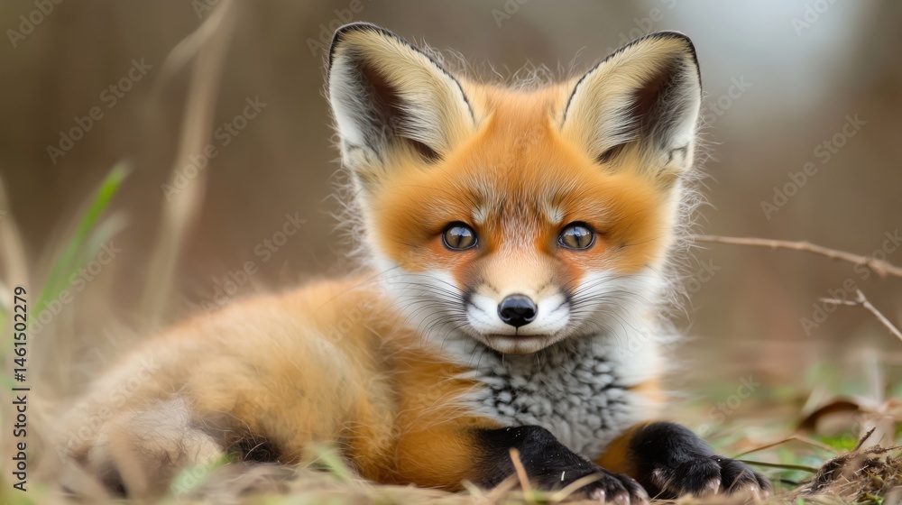 Adorable red fox cub resting in natural habitat with soft fur and expressive eyes Adorable red fox cub resting in natural habitat with soft fur and expressive eyes