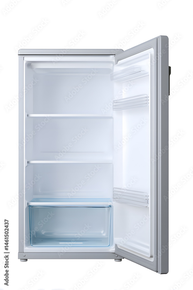 Fototapeta premium Empty opened fridge isolated on white backdrop 