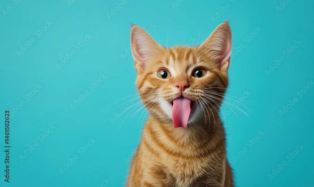 Playful orange tabby cat sticking out tongue against bright blue background Playful orange tabby cat sticking out tongue against bright blue background