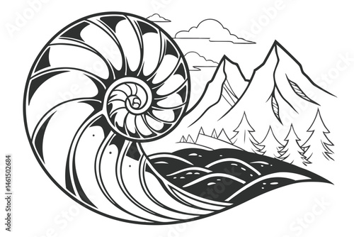 99 black and white illustration, abstract seashell, mountain peaks, ocean waves, surreal landscape, negative space, high contrast, minimalist design, organic shapes, flowing lines, nature fusion, symb