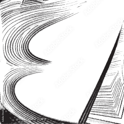 A dynamic curving intersects a sharp angled slash across a textured surface.
