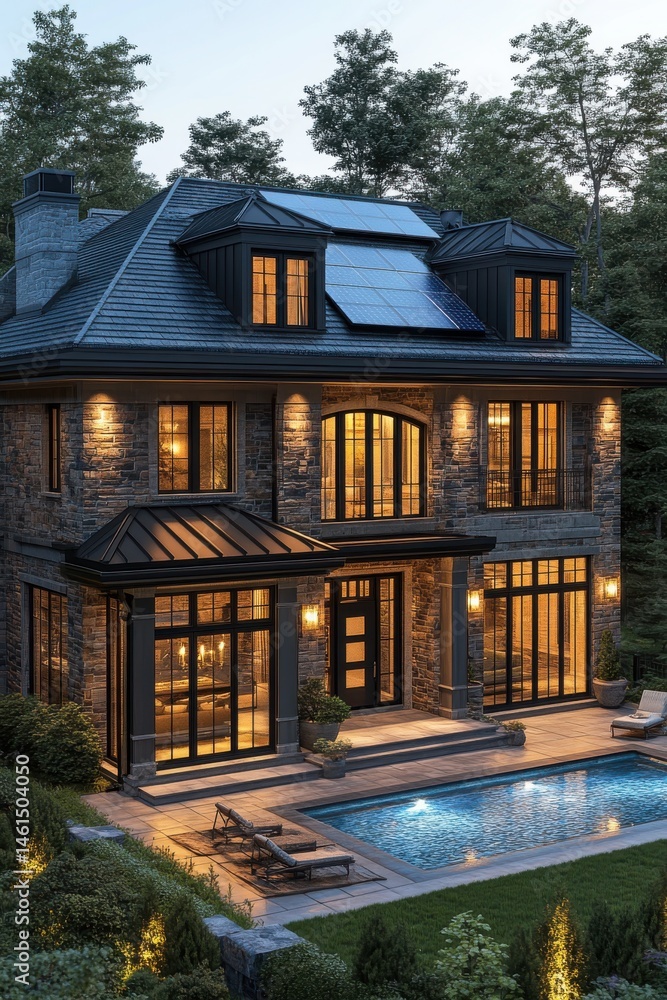 Fototapeta premium Stone house, pool, and trees with evening light, elegant design and relaxation