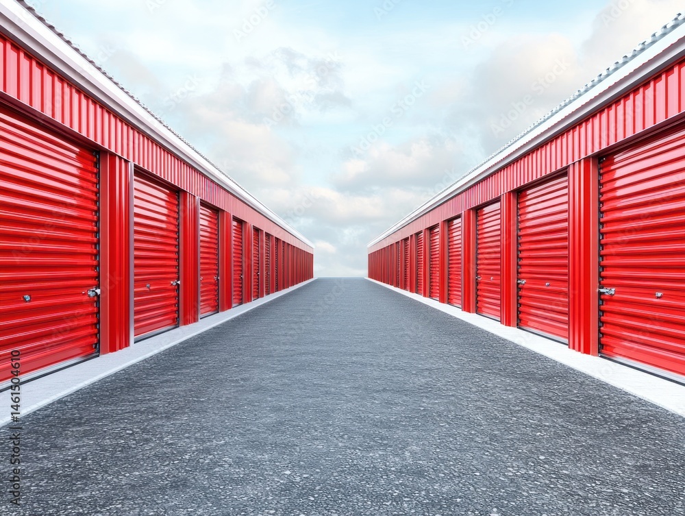 Fototapeta premium Perspective view of many red storage units in a row
