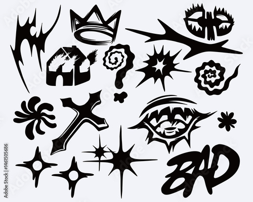 Anti design collage ink clip art tribal tattoo style, streetwear element brutalism shape asset collection acid sticker poster symbol editable
