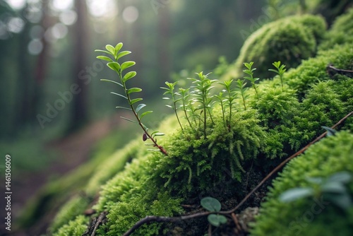 Close-up of the texture of green moss covering a stone in the forest. High quality photo
