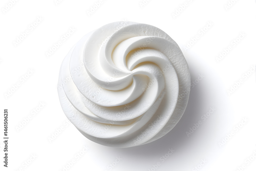 Top view whipped cream or meringue on white background. Meringue swirl, realistic bakery mousse Top view whipped cream or meringue on white background. Meringue swirl, realistic bakery mousse