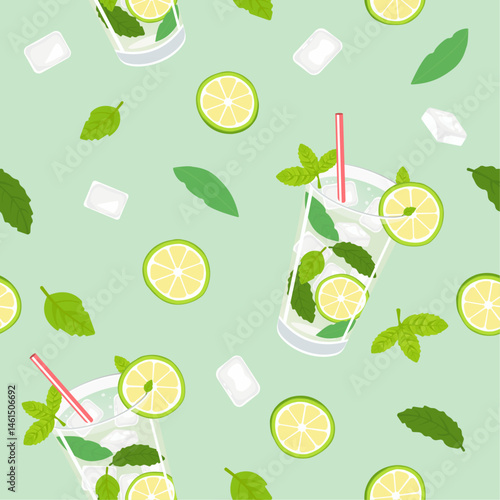 Seamless summer pattern with mojito glass, lime slices, mint leaves, and ice cubes on light green background. Perfect for cocktail menus, kitchen decor, and tropical designs.