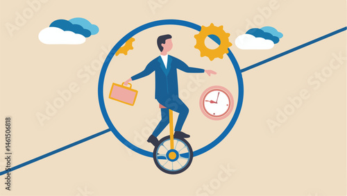 A man in a blue suit rides a unicycle inside a circle with a briefcase, clock, and gears surrounding him