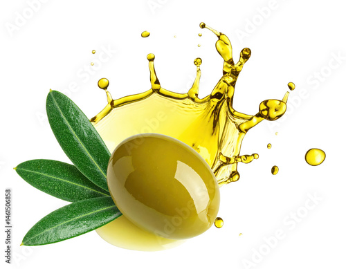 PNG delicious olive oil fruit with splash oil and fresh leaves on white