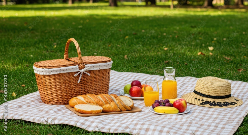 A picnic basket with bread juice and fruit on a blanket in a grassy park setting outdoors on a sunny day A picnic basket with bread juice and fruit on a blanket in a grassy park setting outdoors on a sunny day