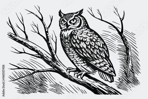 1 Realistic owl sketch, detailed feathers, perched on branch, black and white drawing, graphite pencil art, textured paper background, sharp eyes, tufted ears, wise expression, wildlife illustration, 