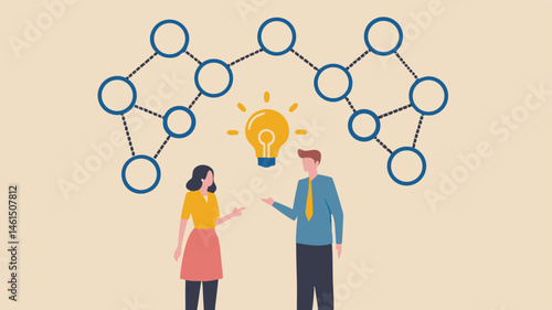 Illustration depicting a man and woman under a network of circles with a lightbulb in the center