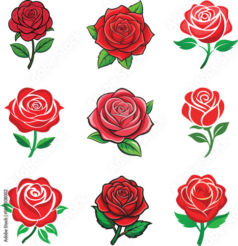 Red Rose Vector Set – Colorful Floral Illustrations with Green Leaves on White Background
