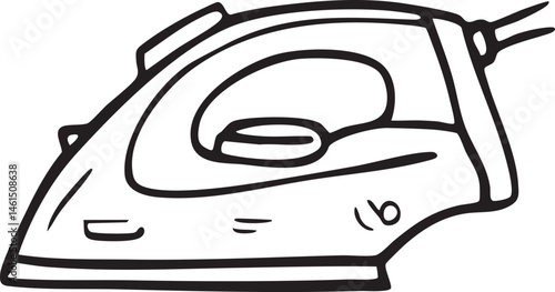 A stylized black and white depicts a handheld ironing device.