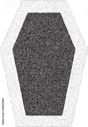 A dark textured coffin rests on a white background.