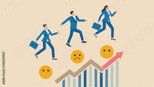 Business people jumping over a graph with emoticons showing progress and success in a light background