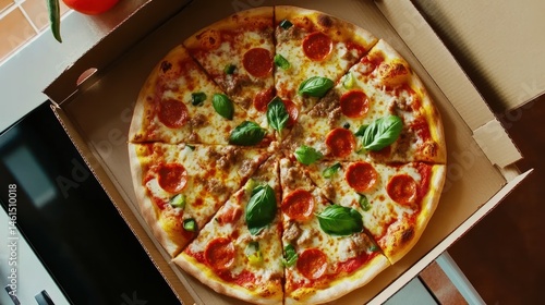 Pepperoni Pizza in a Cardboard Box photo