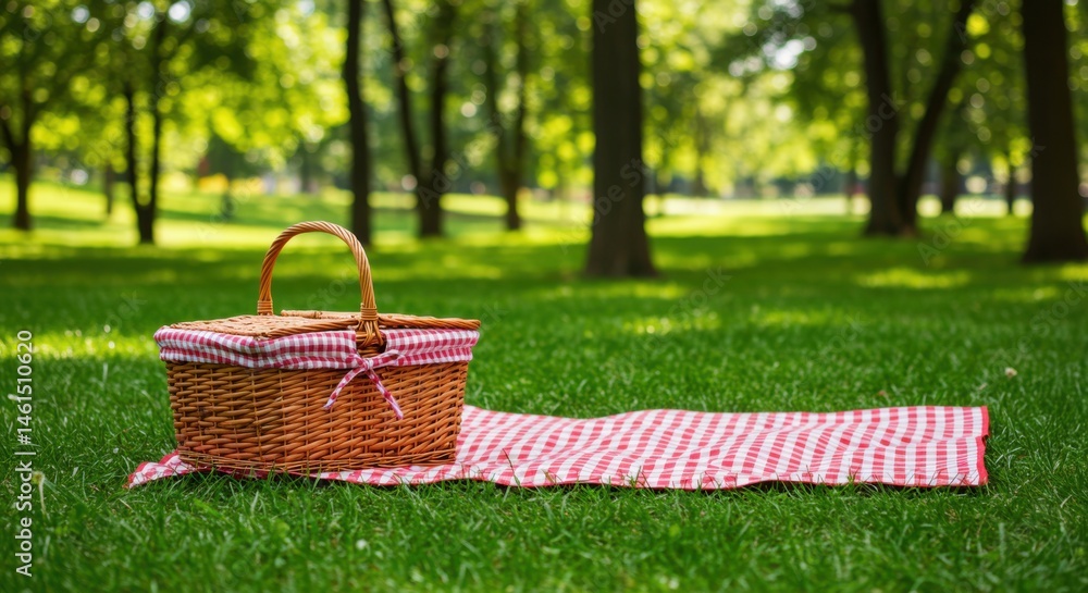 Picnic basket and red checkered blanket on green grass in a park on a sunny summer day scene Picnic basket and red checkered blanket on green grass in a park on a sunny summer day scene