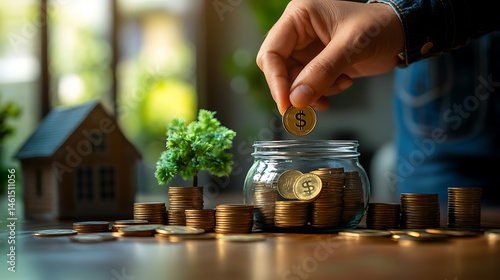 Businesswoman Stacking Coins Near House Model, Representing Real Estate Investment and Financial Growth