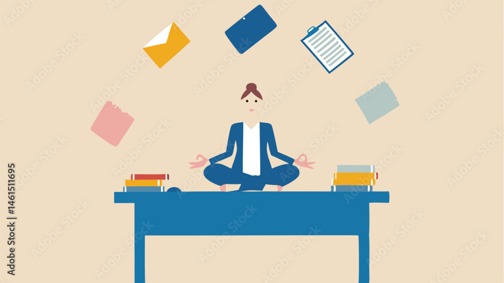A woman meditates on a desk while juggling office supplies in a calm and balanced multitasking scene illustration A woman meditates on a desk while juggling office supplies in a calm and balanced multitasking scene illustration