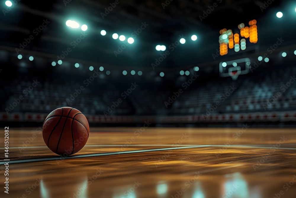 A basketball resting on the court in an empty illuminated arena ready for play A basketball resting on the court in an empty illuminated arena ready for play