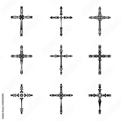 Christian cross vector icon symbols.  Abstract christian religious belief or faith art illustration for orthodox or catholic design. The symbol of the cross in various designs used in tattoo.