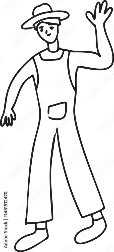 A man in overalls and a hat waves cheerfully. A man in overalls and a hat waves cheerfully.
