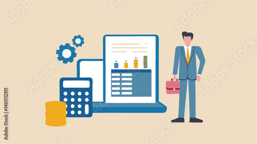 Illustration of a businessman with briefcase standing beside a laptop calculator and gears on a beige backgroud