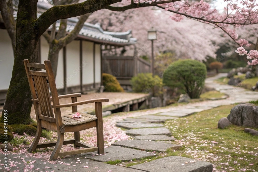 Wooden Chair Covered in Falling Cherry Blossoms in a Japanese Garden. Wooden Chair Covered in Falling Cherry Blossoms in a Japanese Garden.