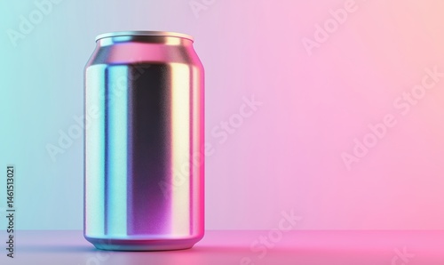 Metallic soda can with gradient colors on vibrant background