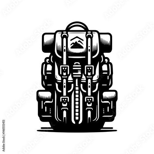 Monochrome vector artwork of a hiking backpack with mountain patch, fully equipped for an outdoor adventure trip