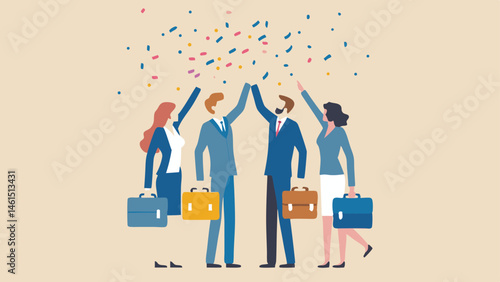 Business team celebrating success with high five under confetti in a light colored background illustration
