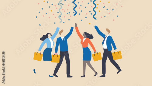 Illustration of diverse group celebrating with confetti and shopping bags in a festive atmosphere design