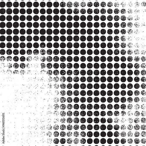 A large abstract of densely packed black and white circles transitions smoothly from dark to light.