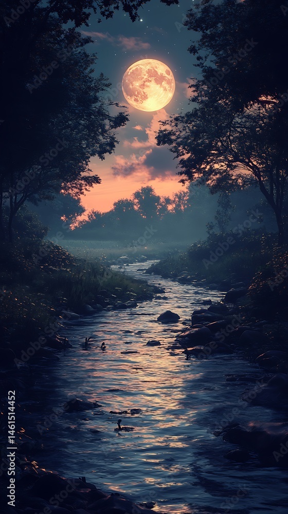 Fototapeta premium Moonlit river scene tranquil night landscape