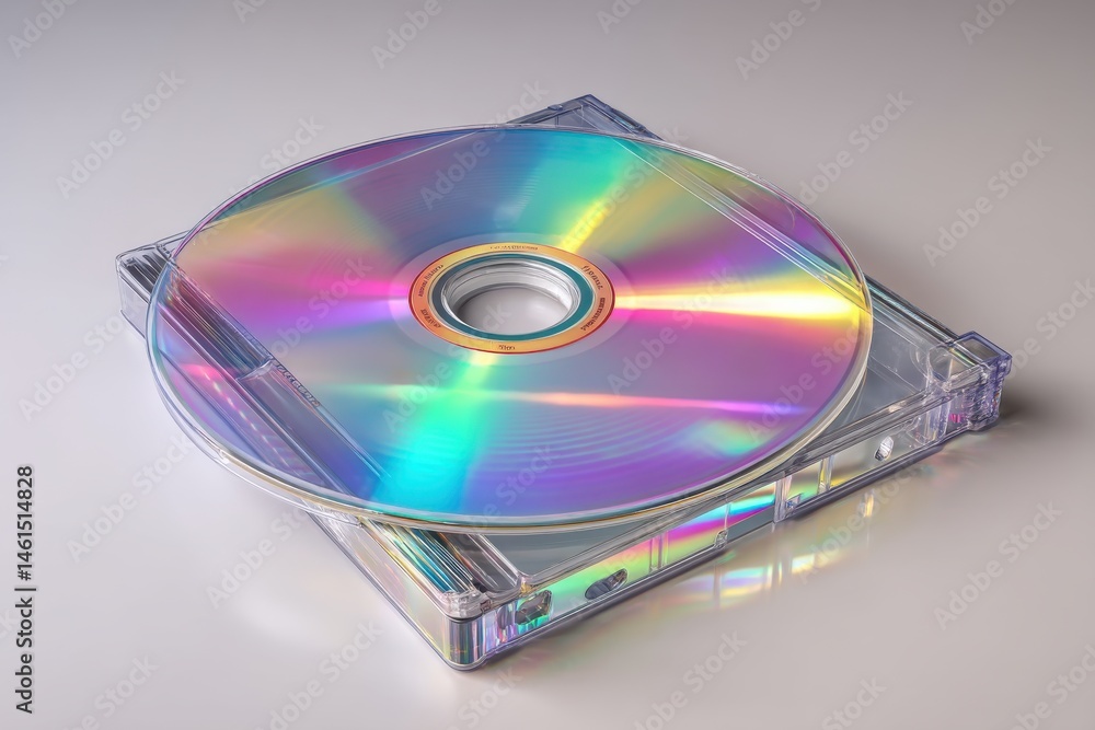 Close-up studio shot of a DVD disc on a transparent case, showcasing vibrant holographic colors and a smooth, shiny surface against a neutral background. Close-up studio shot of a DVD disc on a transparent case, showcasing vibrant holographic colors and a smooth, shiny surface against a neutral background.