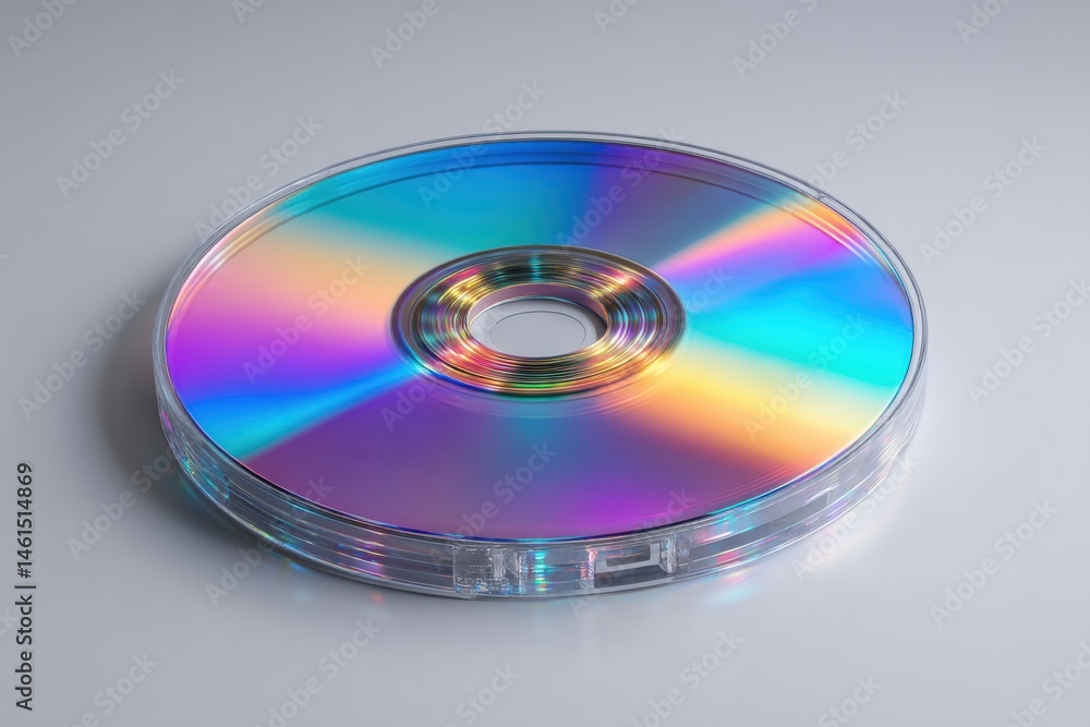 Close-up of a compact disc displaying vibrant rainbow spectrum colors with a mesmerizing holographic effect, resting on a clean, neutral surface. Close-up of a compact disc displaying vibrant rainbow spectrum colors with a mesmerizing holographic effect, resting on a clean, neutral surface.