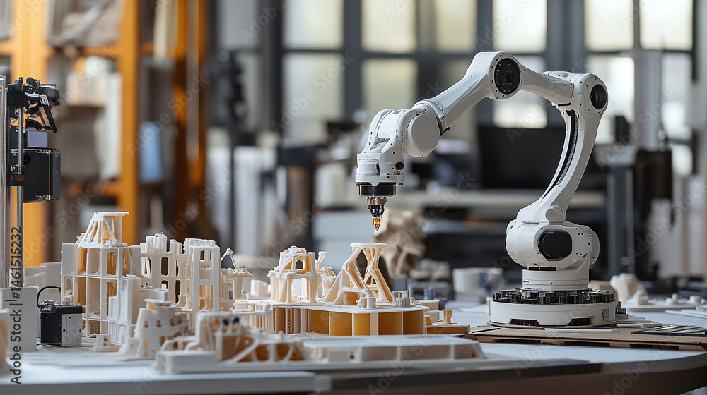 © Oleksandr - A robotic arm in a 3D printing workshop, assembling complex prototypes with AI precision for rapid prototyping, Prototyping-tech style
