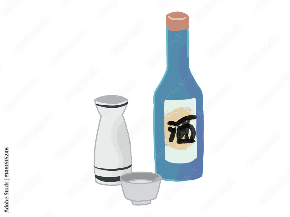 Illustration of a Japanese sake bottle and sake bottle Illustration of a Japanese sake bottle and sake bottle