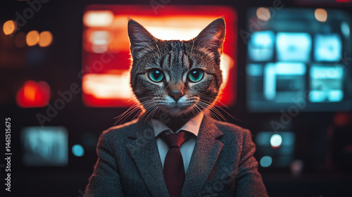 A sophisticated feline news anchor presents the late night news, wearing a blazer and standing behind with a news graphic in the background. See Less
