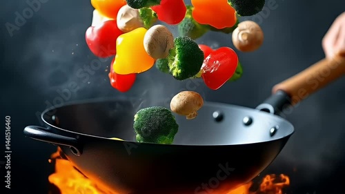 Colorful vegetables tossed in fiery wok during cooking
