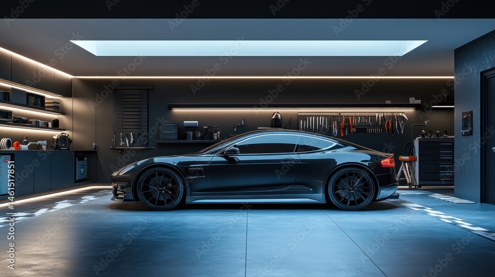 Sleek black sports car showcased in a modern, minimalist automotive garage Sleek black sports car showcased in a modern, minimalist automotive garage