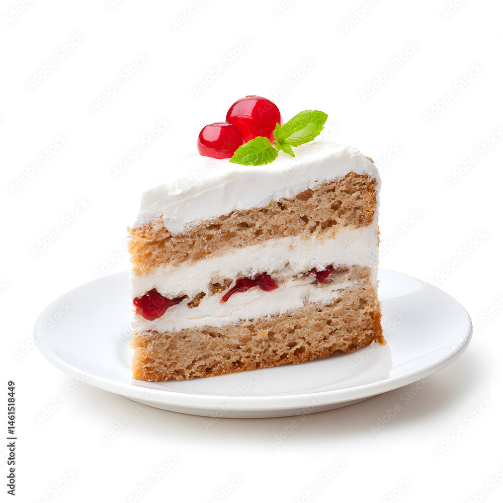 Slice of Cake on plate, side view, isolated on white background Slice of Cake on plate, side view, isolated on white background