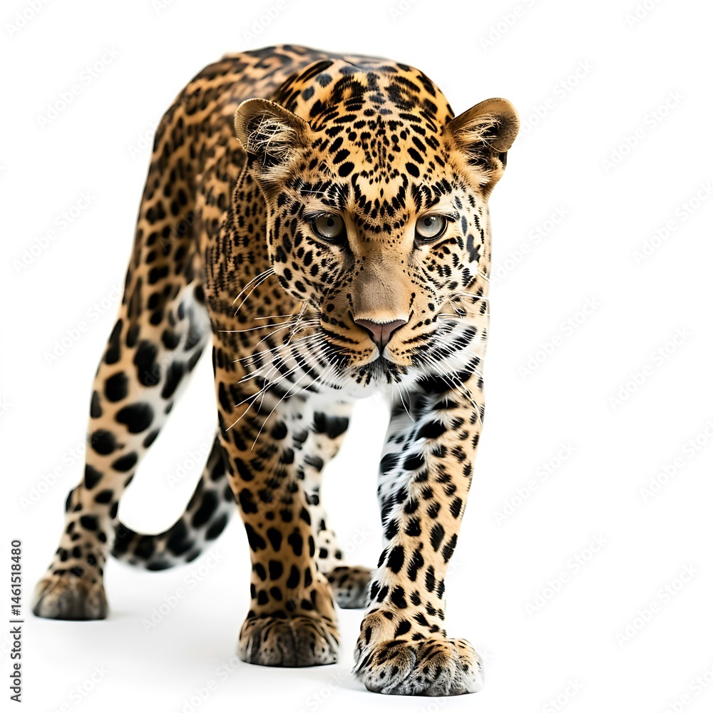Fototapeta premium Majestic Leopard's Stride: A powerful leopard, its spotted coat a masterpiece of natural design, confidently strides forward. This image captures the animal's grace and power, the essence of the wild