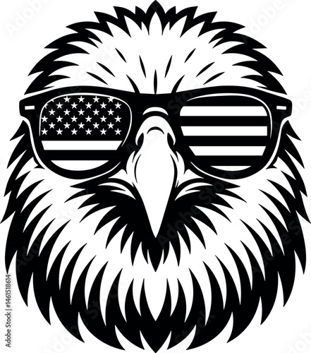 Eagle Head with Flag Sunglasses Vector Black Silhouette Cricut Print Design Isolated on a Plain White Background