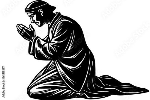 Man kneeling in prayer silhouette with pressed hands design on white, silhouette, man, praying, kneeling, prayer, religion, religious, faith, worship, believe, hope, vector, illustration, graphic