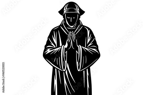 Silhouette design of a single man standing in prayer humbly, silhouette, man, prayer, praying, hands, pressed, religion, religious, worship, faith, belief, spiritual, spirituality, kneeling, humble