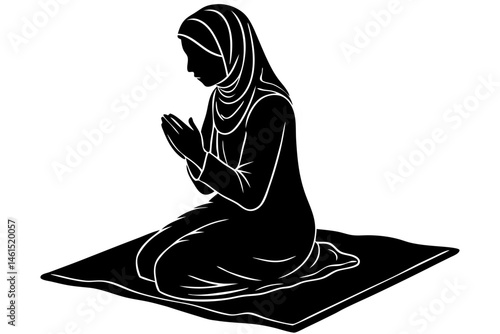 Silhouette of a muslim woman kneeling in prayer on a mat, muslim woman, prayer, praying, islam, religion, kneeling, silhouette, mat, culture, traditional, faith, worship, vector, design, illustration