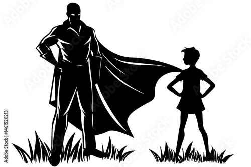 Silhouette superhero father with cape flowing design on white background, silhouette, superhero, father, dad, cape, flowing, hero, parent, family, strength, power, man, cartoon, comic, graphic, vector