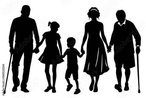 Silhouette vector of a family walking together including an elder, family, silhouette, vector, walking, people, elder, generation, family members, togetherness, children, parents, happiness, support